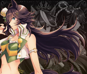 3girls ahoge aiguillette animal_ears ascot bandaid bandaid_on_face bandaid_on_nose black_hair brown_hair choker closed_mouth coat cropped_jacket crossed_arms epaulettes frown gloves green_coat green_eyes hair_ornament hairclip hand_up hi_(ibisf5umauma) highres horse_ears horse_girl horse_tail jacket long_hair medal miniskirt mouth_hold mr._c.b._(clear_bliss)_(umamusume) mr._c.b._(umamusume) multicolored_hair multiple_girls narita_brian_(umamusume) navel ponytail sarashi shirt single_epaulette skirt smile solo_focus stalk_in_mouth strapless strapless_shirt streaked_hair symboli_rudolf_(umamusume) tail umamusume upper_body v-shaped_eyebrows white_coat white_gloves white_jacket