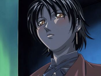 00s 1girl 2002 animated animated_gif bible_black bible_black_night_of_the_walpulgiss blush bow breasts brown_eyes cleavage door drunk earrings jacket jewelry lipstick makeup minase_yukiko neck_ribbon ribbon short_hair tagme