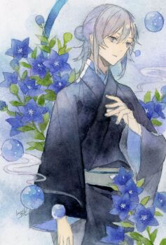 Rule 34 | 1other, androgynous, black kimono, blue eyes, check gender, commentary request, flower, gender request, grey hair, highres, hiwa04, japanese clothes, kimono, obi, original, painting (medium), plant request, sash, traditional media, watercolor (medium)