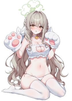 1girl animal_hands animal_print bare_shoulders bell blue_archive blush breasts cat_cutout cat_lingerie cat_panties cat_print clothing_cutout commentary_request gloves green_halo grey_hair halo highres large_breasts long_hair looking_at_viewer miyo_(blue_archive) navel neck_bell panties pantyhose paw_gloves print_panties simple_background sitting solo soymilk_arts2 stomach thighs underwear very_long_hair wariza white_background white_pantyhose yellow_eyes