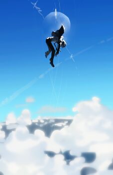 1boy above_clouds arinnixxx1103 blue_sky blue_theme cloud commentary_request mp3_player dress_shoes full_body gekkoukan_high_school_uniform highres jacket male_focus moon pants persona persona_3 school_uniform shoes short_hair sky solo suit_jacket yuuki_makoto_(persona_3)