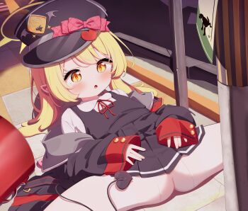 1girl backpack bag black_coat black_dress black_hat black_tail blonde_hair blue_archive bow coat commentary_request demon_girl demon_tail dress flat_chest halo hat hat_bow highres ibuki_(blue_archive) loli long_hair long_sleeves lying neck_ribbon on_back open_mouth paid_reward_available pantyhose peaked_cap pinafore_dress pink_bow pleated_dress pointy_ears randoseru red_bag red_ribbon ribbon setmen shirt sideways_hat sleeveless sleeveless_dress sleeves_past_wrists solo spread_legs tail unworn_bag white_pantyhose white_shirt yellow_eyes yellow_halo