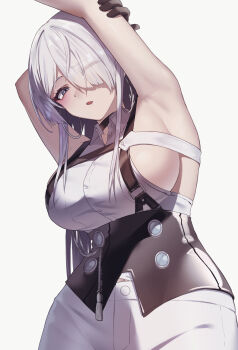 1girl armpits arms_up ars_rg0412 backless_shirt bare_shoulders black_choker black_corset blue_eyes breasts brid_(nikke) brid_(silent_track)_(nikke) chest_harness choker collared_shirt commentary corset cowboy_shot earrings eyes_visible_through_hair floating_earrings gloves goddess_of_victory:_nikke grey_hair hair_between_eyes hair_down hair_over_one_eye harness highres jewelry large_breasts long_hair looking_at_viewer no_jacket official_alternate_costume official_alternate_hairstyle one_eye_closed open_mouth pants shirt sideboob sideless_shirt sidelocks simple_background sleeveless sleeveless_shirt solo standing stretching tight_clothes tight_pants white_background white_pants white_shirt