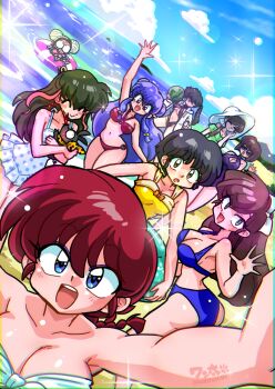 6+girls :o ^_^ animal arm_up ass beach bell bikini black_hair black_slingshot_swimsuit blue_bikini braid breasts brown_hair cleavage cleavage_cutout closed_eyes clothing_cutout cloud collarbone cologne_(ranma_1/2) commentary day double_bun dutch_angle food fruit genderswap genderswap_(mtf) hair_bell hair_bun hair_ornament hat holding holding_animal holding_food holding_fruit jingle_bell kunou_kodachi kuonji_ukyou long_hair looking_at_viewer multicolored_hair multiple_girls navel o-ring o-ring_bikini ocean one-piece_swimsuit open_mouth outdoors p-chan_(ranma_1/2) pig pink_hair polka_dot_one-piece_swimsuit ponytail purple_one-piece_swimsuit ranma_1/2 red_bikini red_hair saotome_ranma saotome_ranma_(female) selfie shampoo_(ranma_1/2) short_hair siblings sidelocks single_braid sisters sky slingshot_swimsuit smile streaked_hair sun_hat sunglasses swim_ring swimsuit tendou_akane tendou_kasumi tendou_nabiki twitter_username two-tone_hair unryuu_akari wanta_(futoshi) watermelon white_hat white_one-piece_swimsuit yellow_one-piece_swimsuit