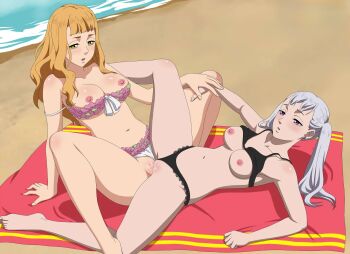 2girls arm_behind_back arm_support artist_request auburn_hair barefoot beach beach_towel bikini bikini_aside bikini_lift black_clover blush breasts breasts_out clothes_lift clothing_aside cousins curvy day earrings eye_contact feet female_focus flower_bikini green_eyes hand_on_hand highres incest jewelry lace_bikini large_breasts long_hair looking_at_another lying lying_on_floor magic_knight medium_breasts mimosa_vermillion multiple_girls narrow_waist nature nature_background navel nipples noblewoman noelle_silva ocean on_floor open_mouth outdoors partially_nude pink_eyes public_indecency pussy pussy_juice rubbing rubbing_pussy sand silver_hair sitting swimsuit thighs towel tribadism twintails uncensored vaginal vaginal_stimulation yuri