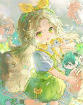1girl 1other :d absurdres blonde_hair bow camera child green_eyes green_overalls green_socks hair_bow hair_intakes hairband highres holding holding_camera identity_v light_blush long_hair looking_at_viewer memory_(identity_v) memory_(panda_friend)_(identity_v) official_alternate_costume open_mouth overalls panda pov pov_hands puffy_shorts puffy_sleeves shirt shoes shorts smile sneakers socks solo_focus stuffed_toy white_shirt xiaomianduoshao yellow_bow