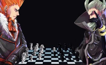 2boys bishop_(chess) black_background black_coat black_gloves blonde_hair board_game brown_cloak chess chess_piece chessboard cloak coat commentary concentrating elbow_on_table facing_another fur-trimmed_collar fur_trim furrowed_brow ghetsis_(pokemon) gloves hair_slicked_back hand_on_own_cheek hand_on_own_face high_collar king_(chess) knight_(chess) long_sideburns long_sidelocks looking_at_object looking_down lysandre_(pokemon) male_focus max_michiko_fever multiple_boys nintendo orange_hair pawn_(chess) pokemon pokemon_bw2 pokemon_xy queen_(chess) red_eyes red_hair rook_(chess) sideburns sidelocks upper_body