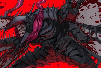 1boy blood bloody_weapon chainsaw chainsaw_devil chainsaw_man extra_arms gigan_(gigan1024896) highres intestine_clothing intestines no_eyes organs red_background sharp_teeth split_head teeth weapon