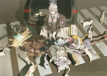 4girls absurdres animal animal_ears armband black_jacket black_necktie black_pantyhose black_shoes black_skirt blonde_hair blue_archive blue_halo blue_shirt box car cat chinese_commentary collared_shirt commentary_request crosswalk floral_print from_above fubuki_(blue_archive) grey_eyes hair_between_eyes halo highres holding holding_animal holding_box holding_cat jacket jacket_partially_removed kanna_(blue_archive) kirino_(blue_archive) kneehighs konoka_(blue_archive) long_hair motor_vehicle multiple_girls necktie off_shoulder on_floor pantyhose pink_halo pleated_skirt purple_hair purple_necktie purple_skirt reaching red_eyes red_shoes road running shirt shoes skirt socks standing street twintails untied_shoelaces white_hair white_halo white_jacket white_shirt white_skirt yu-y_(824412)