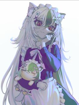 1girl animal_ear_fluff animal_ears apron bone_hair_ornament brown_eyes cat_ears cat_girl character_doll closed_mouth commentary cowboy_shot doll dress green_streaks grey_hair hair_between_eyes hair_ornament highres holding holding_doll long_hair long_sleeves looking_at_viewer maid maid_headdress mdm4 multicolored_hair original purple_dress simple_background smile solo streaked_hair symbol-only_commentary waist_apron white_apron white_background x_hair_ornament