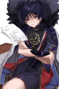 Rule 34 | 1boy, armor, black bodysuit, black hood, black kimono, black shorts, black sleeves, blunt ends, bodysuit, coat, coat on shoulders, covered collarbone, crossed arms, crossed legs, eyeliner, fatui coat, frilled sleeves, frills, fur-trimmed coat, fur trim, furisode, genshin impact, gold, gold trim, hand on own arm, highres, holding, holding paper, hood, hood up, hooded coat, japanese armor, japanese clothes, jewelry, juban, kimono, kote, kurokote, lapels, layered sleeves, looking at viewer, makeup, male focus, mitsudomoe (shape), neck ring, open clothes, open kimono, paper, parted lips, purple eyes, purple sash, purple sleeves, red eyeliner, red kimono, red sash, sash, scaramouche (genshin impact), short sleeves, shorts, shoulder peek, sitting, sitting on table, solo, table, tomoe (symbol), tsurime, white coat, white kimono, white mouth, yu (geda4335)