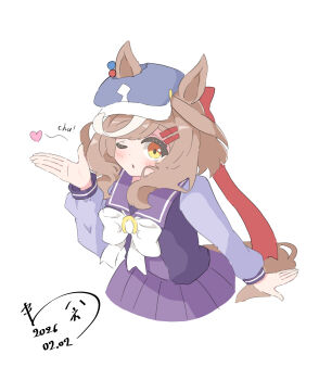 1girl absurdres animal_ears blowing_kiss blush breasts brown_eyes brown_hair commentary_request dated hair_between_eyes hair_ornament hanetsuki_777 hat heart highres horse_ears horse_girl looking_at_viewer matikanetannhauser_(umamusume) medium_breasts one_eye_closed open_mouth ribbon school_uniform tracen_school_uniform umamusume white_background