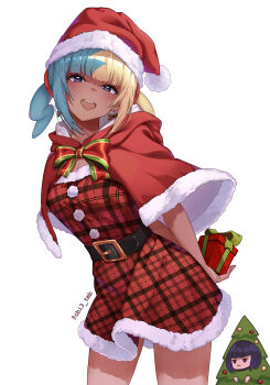 2girls :d absurdres alternate_costume belt black_belt bow bowtie box canari_(pokemon) cape christmas christmas_tree_costume commentary dress eyelashes gift gift_box gwynn_(pokemon) hat highres holding holding_gift light_blush multicolored_hair multiple_girls nintendo obi3 open_mouth pokemon pokemon_legends:_z-a red_cape red_dress red_hat santa_costume santa_hat smile teeth twitter_username upper_teeth_only white_background