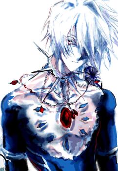 1boy blue_eyes chest_jewel collar earrings eyeshadow eyeshadow_under_eye fate/grand_order fate_(series) hair_between_eyes hair_over_one_eye jewelry karna_(fate) makeup male_focus ngg_n pale_skin red_eyeshadow short_hair simple_background solo spiked_collar spikes upper_body white_background white_hair