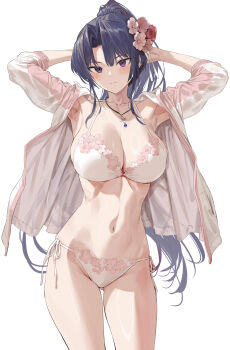 1girl absurdres armpits arms_behind_head arms_up black_hair blush bra breasts cleavage closed_mouth floral_print floral_print_bra floral_print_panties flower gluteal_fold hair_flower hair_ornament high_ponytail highres hiiragi_yuuichi jacket jewelry kanzaki_ouka kendo_shoujo large_breasts long_hair long_sleeves looking_at_viewer midriff multicolored_jacket navel necklace open_clothes open_jacket panties parted_bangs pink_bra pink_jacket pink_panties ponytail print_panties purple_eyes side-tie_panties simple_background solo thighs two-tone_jacket underwear very_long_hair white_background white_jacket