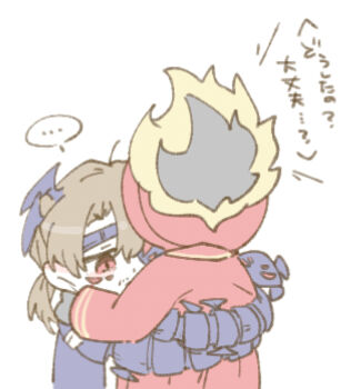 Rule 34 | ..., 1boy, 1other, absurdres, aedd (e.g.o), alternate costume, arthropod limbs, artificial eye, back, beard stubble, black fire, black gloves, blue coat, blue horns, blush, brown hair, bug, bug arm, chibi, clock, closed mouth, coat, collared shirt, dante (limbus company), dress shirt, e.g.o (project moon), ear blush, extra eyes, facial hair, fire, formal clothes, from behind, from side, glasses, gloves, gregor (project moon), hair intakes, highres, horns, hug, lapels, lily26983455, limbus company, long coat, long hair, long sleeves, looking down, low ponytail, male focus, mechanical eye, necktie, notched lapels, object head, official alternate costume, one eye covered, open clothes, open coat, parted bangs, ponytail, project moon, red coat, red eyes, semi-rimless eyewear, shirt, shock centipede (project moon), simple background, sleeves rolled up, speech bubble, spoken ellipsis, standing, stubble, suit, under-rim eyewear, upper body, vest, white background, white shirt, yellow fire, yellow trim