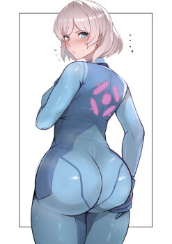 ... 1girl absurdres ass blue_bodysuit blue_eyes blue_gloves blush bodysuit commentary_request commission cosplay flying_sweatdrops gloves grabbing_own_ass grey_hair highres looking_at_viewer looking_back metroid nintendo original parted_lips samus_aran samus_aran_(cosplay) shee-p_(inemurisheep113) short_hair sidelocks simple_background skeb_commission skin_tight solo standing white_background zero_suit