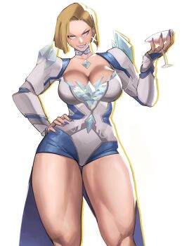 1girl absurdres bad_tag bare_legs blonde_hair blue_eyes blue_lips blue_nails breasts cleavage cocktail_glass cup diamond_(gemstone) drinking_glass emma_frost fingernails hand_on_own_hip highres large_breasts leotard long_fingernails looking_at_viewer makeup marvel marvel_rivals multicolored_leotard short_hair shoulder_spikes simple_background solo spikes thick_thighs thighs x-men x-shaped_earrings zukululuu