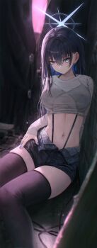 1girl absurdres alternate_costume bikini black_hair black_thighhighs blue_archive blue_eyes blue_hair blue_halo blue_nails breasts closed_mouth colored_inner_hair covered_erect_nipples crop_top cropped_shirt denim denim_shorts earrings expressionless flippy_(cripine111) hair_behind_ear halo highres jewelry large_breasts long_hair long_sleeves looking_at_viewer midriff multicolored_hair navel navel_piercing open_fly piercing saori_(blue_archive) shirt short_shorts shorts sitting skindentation solo stomach suspenders swimsuit thighhighs two-tone_hair very_long_hair white_shirt