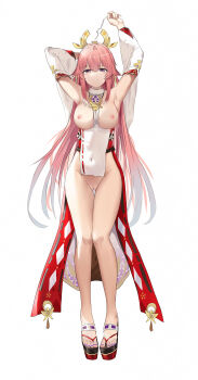 1girl absurdres animal_ears armpits arms_up bare_legs blush breasts breasts_out clitoris commentary covered_navel detached_sleeves earrings eyebrows_hidden_by_hair fox_ears full_body genshin_impact geta gluteal_fold hair_between_eyes headpiece highres jewelry jsscj large_breasts long_hair looking_at_viewer nail_polish necklace nipples no_panties obi okobo parted_lips pelvic_curtain pink_hair platform_clogs platform_footwear platform_sandals purple_eyes purple_nails pussy sandals sash sidelocks simple_background smile solo standing tassel thigh_gap thighs toenail_polish toenails toes torn_clothes white_background wide_sleeves yae_miko