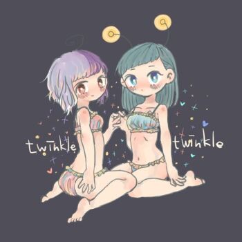 Rule 34 | 2girls, antennae, aqua bikini, aqua eyes, aqua hair, bad id, bad pixiv id, bikini, blush, breasts, collarbone, ebiebi, english text, frilled bikini, frills, full body, grey background, heart, looking at viewer, medium hair, multiple girls, navel, original, pink bikini, purple hair, red eyes, short hair, simple background, sitting, small breasts, swimsuit, wariza