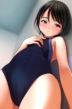 1girl absurdres black_hair blue_one-piece_swimsuit blurry blurry_background blush brown_eyes cameltoe closed_mouth from_below hand_up highres loli looking_at_viewer matsunaga_kouyou nose_blush one-piece_swimsuit original short_hair solo swimsuit