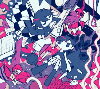 2boys animal bird black_hair boxcutter camio_(randal's_friends) commentary_request crossover deformed fuji_den_fujiko gakuran highres holding holding_knife knife male_focus multiple_boys noose omori omori_(omori) paper randal's_friends school_uniform short_hair shorts tank_top tsukada_satoru