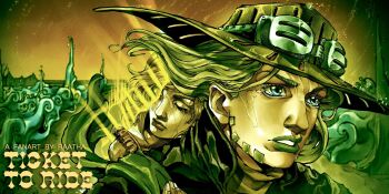 Rule 34 | blue eyes, closed eyes, commentary, english commentary, english text, fingernails, green hat, green jacket, green lips, green shirt, gyro zeppeli, hat, highres, jacket, jojo no kimyou na bouken, long hair, lucy steel, ocean, raatha2909, rain, shirt, steel ball run, tears, teeth, water, waves