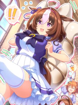 ! !! 2girls ^_^ absurdres ahoge arm_up artist_request bare_arms blue_bow blue_bowtie blue_ribbon blue_shirt bow bowtie breasts brooch brown_hair cheering closed_eyes cowboy_shot dot_nose eyelashes flower flying_sweatdrops frilled_skirt frills game_cg hair_between_eyes hair_flower hair_ornament hair_ribbon hairband halftone hallway happy high-waist_skirt highres holding horse_girl horseshoe_ornament indoors jewelry large_breasts light_blush looking_ahead matikanefukukitaru_(umamusume) medium_hair meisho_doto_(umamusume) miniskirt multicolored_hair multiple_girls nervous nervous_smile object_request official_art open_mouth orange_hair outline oversized_object party_popper pink_hairband pleated_skirt puffy_short_sleeves puffy_sleeves purple_eyes ribbon rope sailor_collar school school_uniform shide shirt short_hair short_sleeves skirt smile solo_focus spoken_exclamation_mark spoken_object tareme thighhighs tracen_school_uniform trembling two-tone_hair two-tone_shirt umamusume wavy_hair white_hair white_outline white_sailor_collar white_shirt white_skirt white_thighhighs window yellow_flower
