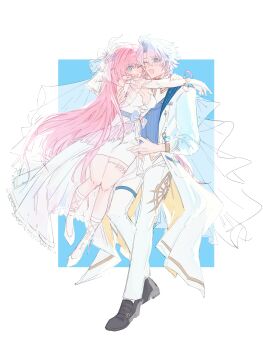 Rule 34 | 1boy, 1girl, absurdres, aged up, alternate breast size (larger), blacies, black shoes, blue eyes, breasts, bridal veil, chinese commentary, cleavage, coat, commentary request, cyrene (honkai: star rail), cyrene (philia093) (honkai: star rail), dress, hetero, high heels, highres, honkai: star rail, honkai (series), hug, large breasts, long hair, pants, phainon (honkai: star rail), pink hair, shoes, short hair, smile, veil, very long hair, white coat, white dress, white hair, white pants