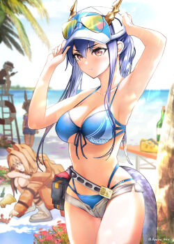 Rule 34 | 1boy, 3girls, adjusting clothes, adjusting headwear, amiya (arknights), amiya (swimsuit) (arknights), animal ears, arknights, armpits, bare shoulders, beach, bikini, blue bikini, blue hair, blurry, blurry background, blush, breasts, ceobe (arknights), ceobe (summer flowers) (arknights), ch'en (arknights), ch'en the holungday (arknights), ch'en the holungday (elite ii) (arknights), chair, closed mouth, collarbone, commentary request, cowboy shot, crab, day, dog ears, dog girl, dragon girl, dragon horns, dragon tail, eyewear on headwear, female tourist a (arknights), front-tie bikini top, front-tie top, full body, grey shorts, hair between eyes, highres, horns, horns through headwear, jaye (arknights), jaye (beach guard) (arknights), lifeguard, lifeguard chair, long hair, medium breasts, micro shorts, multiple girls, official alternate costume, open clothes, open mouth, open shorts, orange hair, outdoors, palm tree, red eyes, red shirt, rhodes island logo (arknights), shirt, shorts, smile, stomach, swimsuit, tail, thighs, tree, visor cap, yokaze (yokajie)