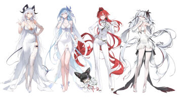 4girls absurdres ahoge alternate_costume alternate_hair_length alternate_hairstyle ascot bad_id bad_twitter_id bare_shoulders barefoot black_flower black_hairband black_horns black_tail blake_bloom_(wuthering_waves) blue_hair breasts bridal_veil buttons camellya_(wuthering_waves) cleavage closed_mouth commentary covered_navel curled_horns demon_tail double-breasted dress earrings elbow_gloves english_commentary flower gloves hair_between_eyes hair_flower hair_ornament hairband hand_on_own_hip hand_up high_ponytail highres horns jacket jewelry large_breasts long_dress long_hair long_sleeves looking_at_viewer medium_breasts merchandise_available multicolored_hair multiple_girls o-ring o-ring_thigh_strap pants pantyhose parted_lips pointing pointing_at_viewer pointy_ears ponytail purple_eyes red_eyes red_hair rose shorekeeper_(wuthering_waves) smile streaked_hair suit_jacket tail thigh_strap thighhighs twintails veil very_long_hair wedding_dress white_ascot white_dress white_flower white_gloves white_hair white_jacket white_pants white_pantyhose white_rose white_thighhighs white_veil wuthering_waves yinlin_(wuthering_waves) youngjoo_kjy zani_(wuthering_waves) zapstring_(wuthering_waves)