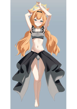 1girl absurdres animal_ear_fluff animal_ears armpits barefoot black_headband black_overskirt blue_archive blue_eyes crop_top fluffy_hair full_body grey_background grey_panties halo headband highres light_smile long_hair looking_at_viewer low_twintails mari_(blue_archive) mari_(idol)_(blue_archive) meonic navel orange_hair panties simple_background solo twintails underwear yellow_halo