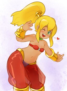 Rule 34 | 1girl, android, arabian clothes, bandeau, blonde hair, choker, cosplay, dark-skinned female, dark skin, drawfag, feet out of frame, flat chest, full body, gold bracer, green choker, green eyes, hair tubes, hands up, harem outfit, harem pants, heart, highres, leaning forward, long hair, looking at viewer, mega man (classic), mega man (series), metal hair tubes, navel, o-ring, o-ring top, one eye closed, open mouth, pants, ponytail, red bandeau, red pants, roll (mega man), see-through clothes, see-through pants, shantae, shantae (cosplay), shantae (series), simple background, smile, solo, standing, tan, teeth, upper teeth only, white background