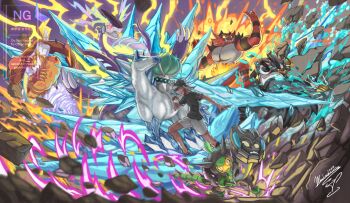 Rule 34 | 1boy, alternate eye color, bright pupils, calyrex, calyrex (rider), claws, club (weapon), colored sclera, commission, crossed arms, dark-skinned male, dark skin, debris, electricity, explosion, facial hair, fangs, gen 5 pokemon, gen 7 pokemon, gen 8 pokemon, glastrier, green eyes, grey hat, grey shirt, grey shoes, hat, highres, holding, holding club, holding mask, holding poke ball, holding weapon, horse, ice, incineroar, landorus, landorus (incarnate), legendary pokemon, mask, miraidon, mochachiiino, muscular, nintendo, non-humanoid robot, ogerpon, ogerpon (cornerstone mask), open mouth, original, outstretched arm, poke ball, poke ball (basic), pokemon, pokemon (creature), pokemon team, red eyes, riding, riding pokemon, robot, shirt, shoes, short sleeves, shorts, signature, spiked clup, standing, t-shirt, urshifu, urshifu (rapid), water, watermark, weapon, white eyes, white pupils, white shorts, yellow eyes, yellow sclera