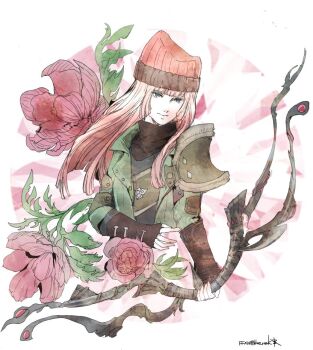 1girl 3: blue_eyes blunt_bangs blunt_ends bow_(weapon) brown_gloves closed_mouth commentary copyright_name final_fantasy final_fantasy_xiv fingerless_gloves flower gloves hat holding holding_bow_(weapon) holding_weapon hyur isolde_covey knit_hat long_hair pink_hair red_flower red_hat ruka_(blueplus84) solo twitter_username weapon