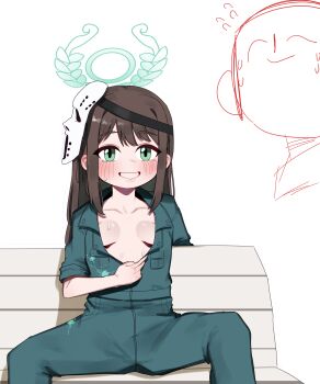 1girl absurdres airi_(blue_archive) airi_(halloween)_(blue_archive) blue_archive blush breasts brown_hair commentary doodle_sensei_(blue_archive) green_eyes green_halo green_jumpsuit grin halo highres jumpsuit kuso_miso_technique long_hair lulubelleiii mask mask_on_head on_bench parted_lips scene_reference sensei_(blue_archive) simple_background sitting small_breasts smile spread_legs teeth white_background yaranaika