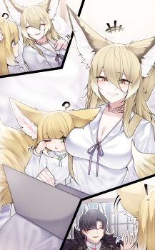 1boy 2girls ? absurdres animal_ears arknights blonde_hair breasts brown_eyes cleavage commentary_request computer dated_commentary fox_ears fox_girl fox_tail green_eyes highres laptop large_breasts multiple_girls samip suzuran&#039;s_father_(arknights) suzuran_(arknights) tail vulpisfoglia_(arknights)