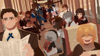 Rule 34 | 1other, 6+boys, 6+girls, black eyes, black hair, blonde hair, blue ribbon, bouquet, brown hair, bus, charon (project moon), cigarette, closed eyes, closed mouth, collared shirt, commentary, dante (limbus company), dark-skinned female, dark-skinned male, dark skin, don quixote (project moon), faust (project moon), flower, full body, glasses, gregor (project moon), heathcliff (project moon), highres, indoors, ishmael (project moon), limbus company, meursault (project moon), motor vehicle, multiple boys, multiple girls, neck ribbon, official alternate costume, open mouth, orange hair, outis (project moon), pale skin, project moon, projecttiger, red eyes, ribbon, rodion (project moon), ryoshu (project moon), shirt, sinclair (project moon), sitting, smile, sparkle, untranslatable commentary, vergilius (project moon), white hair, white shirt, yellow eyes, yi sang (project moon)