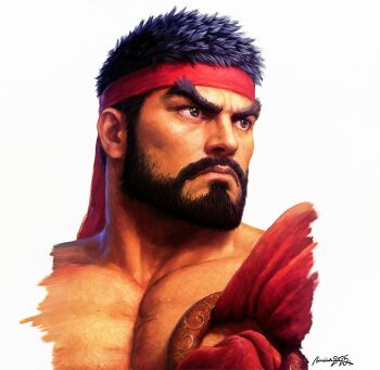 1boy 2025 artist_name beard black_hair brown_eyes closed_mouth commentary_request cropped_shoulders facial_hair headband highres large_pectorals looking_to_the_side male_focus muscular muscular_male mustache pectorals portuguese_commentary realistic red_headband ryu_(street_fighter) short_hair signature simple_background solo street_fighter street_fighter_6 thick_eyebrows turning_head vinicius white_background