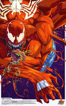 1998 1boy colored_skin commentary dated english_commentary highres jhony_caballero long_tongue looking_at_viewer male_focus marvel marvel_rivals marvel_vs._capcom monster_boy muscular muscular_male no_pupils orange_skin purple_background sharp_teeth solo spider-man_(series) symbiote teeth tongue venom_(marvel) very_long_tongue
