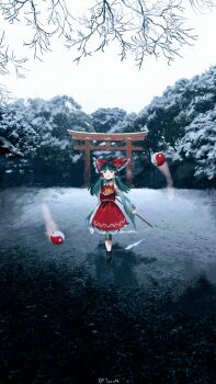 1girl ascot black_hair blunt_bangs bow detached_sleeves gohei hair_bow hair_tubes hakurei_reimu highres holding holding_gohei long_hair long_sleeves oftooon orb outdoors red_bow red_shirt red_skirt shirt skirt sleeveless sleeveless_shirt snow solo torii touhou tree yellow_ascot yin_yang yin_yang_orb