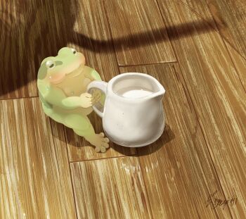 artist_name commentary_request cup frog hachiya_shohei highres holding holding_cup liquid no_humans original shadow sitting solo sweat
