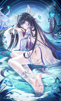 1girl absurdres black_hair blush breast_curtains breasts bug butterfly chinese_commentary closed_eyes columbina_(genshin_impact) commentary_request dress eye_mask eyes_on_wings fatui_coat feathered_wings genshin_impact hair_ornament head_wings highres insect jndfh long_hair mask medium_breasts multicolored_hair multiple_wings no_shoes pink_hair soles solo stirrup_legwear symbol-shaped_pupils thighhighs toeless_legwear underboob wet wet_clothes white_dress white_mask white_wings wing_hair_ornament wings x-shaped_eyewear x-shaped_pupils