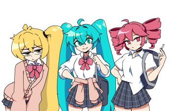 3girls absurdres ahoge akita_neru aqua_eyes aqua_hair bag black_bag blonde_hair bow bowtie cardigan cardigan_around_waist cigarette clothes_around_waist crossed_bangs drill_hair ear_piercing grey_skirt hair_between_eyes hashtag-only_commentary hatsune_miku highres holding holding_cigarette irisusde jitome kasane_teto long_hair looking_at_viewer multiple_girls piercing pink_bow pink_bowtie plaid_clothes plaid_skirt red_eyes red_hair school_swimsuit shirt shoulder_bag side_ponytail simple_background skirt smile swimsuit triple_baka_(vocaloid) twin_drills twintails utau vocaloid white_background white_shirt
