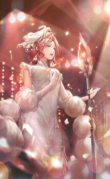 1girl animal_print aphrodia_(shining_nikki) artist_request beads bird bird_print blue_eyes breasts china_dress chinese_clothes collared_dress confetti curtains dress earrings feather_earrings feathers feet_out_of_frame fishnet_veil frilled_dress frills from_below fur_shawl game_cg glint gloves half_gloves hand_on_own_chest happy hat hat_feather highres indoors jewelry lens_flare light_particles light_rays lipstick long_dress looking_ahead makeup mandarin_collar medium_breasts music nikki_(series) official_alternate_color official_art open_mouth outstretched_hand red_hair red_lips reedpipe_song_(shining_nikki) shawl shining_nikki short_hair singing sleeveless sleeveless_dress smile solo staff stage stage_lights swan teeth tight_clothes tight_dress veil white_dress white_gloves white_hat white_shawl white_veil