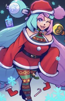 1girl alternate_costume bare_shoulders belt black_belt blue_hair bow-shaped_hair breasts buttons character_hair_ornament collarbone criss-cross_halter fake_hair_bun fur-trimmed_jacket fur_trim gen_4_pokemon green_pantyhose green_shirt hair_ornament halter_shirt halterneck hat highres iono_(pokemon) jacket long_hair lunatuneflowers medium_breasts multicolored_hair nintendo off-shoulder_jacket off_shoulder open_mouth oversized_clothes pantyhose pink_hair pokemon pokemon_(creature) pokemon_sv print_pantyhose print_shirt red_jacket red_pantyhose red_shirt rotom rotom_phone santa_costume santa_hat sharp_teeth shirt sleeves_past_fingers sleeves_past_wrists smile solo split-color_hair star_(symbol) star_print striped_clothes striped_pantyhose striped_shirt tadbulb tadpole teeth two-tone_pantyhose