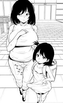 2girls absurdres averting_eyes backpack bag blush breasts bulge dress erection futanari highres large_breasts loli looking_at_viewer makin_tama mother_and_daughter multiple_girls original pants randoseru sex_toy sleeveless sleeveless_turtleneck translated turtleneck vibrator vibrator_under_clothes