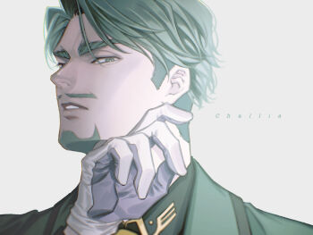 1boy beard black_shirt bright_pupils challia_bull character_name collared_shirt commentary_request facial_hair gloves green_eyes green_hair green_jacket gundam gundam_gquuuuuux halcyon_(gugfuggugfug) hand_up highres jacket long_sleeves looking_at_viewer male_focus mature_male military_rank_insignia military_uniform mustache necktie parted_lips portrait science_fiction shirt short_hair sideburns simple_background solo thick_eyebrows white_background white_gloves white_pupils wing_collar yellow_necktie zeon