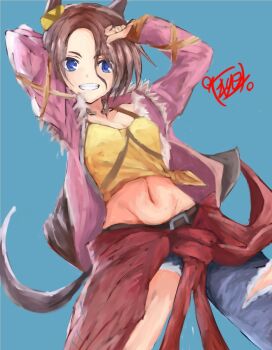 1girl animal_ears blue_background blue_eyes blue_pants brown_hair closed_mouth horse_ears horse_girl jacket long_hair looking_at_viewer narita_taishin_(nevertheless)_(umamusume) narita_taishin_(umamusume) pants pink_jacket shirt smile solo torn_clothes torn_pants umamusume very_long_hair yanagi_wakana yellow_shirt